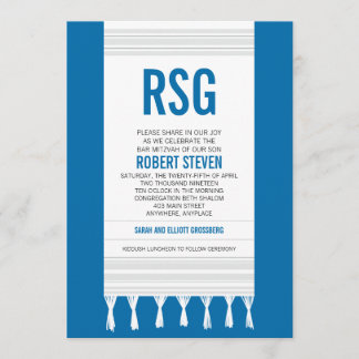 Convite Bar Mitzvah, em Monograma White Stripe Tallit