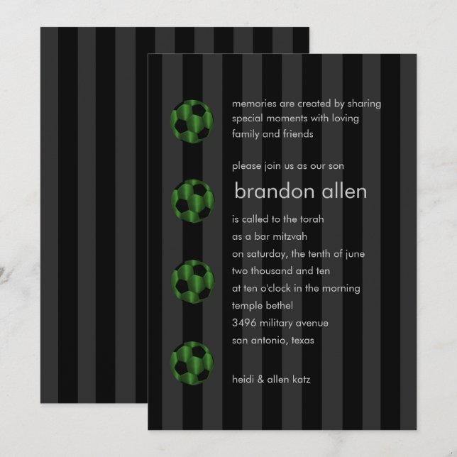 Convite Bar Mitzvah Emerald Green e Black Soccer Ball (Frente/Verso)