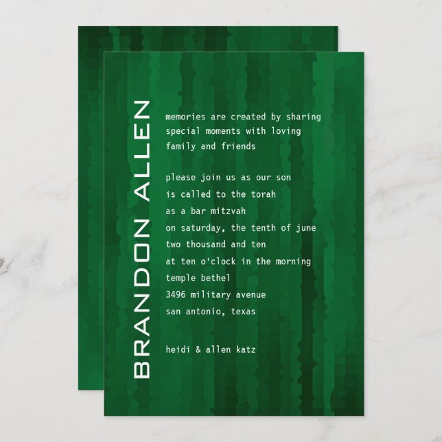 Convite Bar Mitzvah Emerald Green Techno Streaks (Frente/Verso)