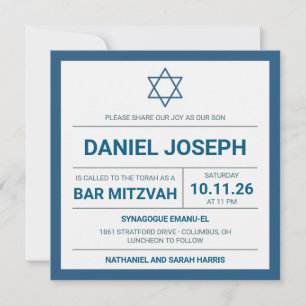 Convite Bar Mitzvah enquadrado com azul de estrela judia