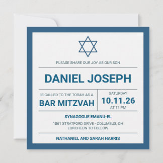 Convite Bar Mitzvah enquadrado com azul de estrela judia