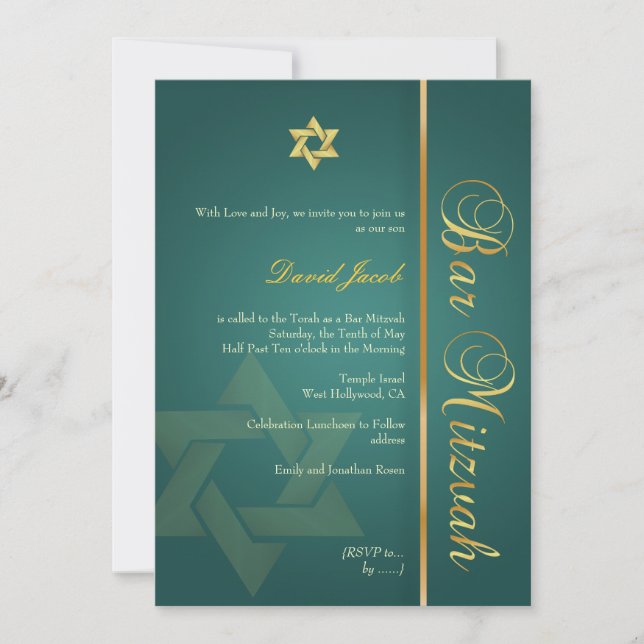 Convite Bar Mitzvah/esmerald verde/ouro (Frente)