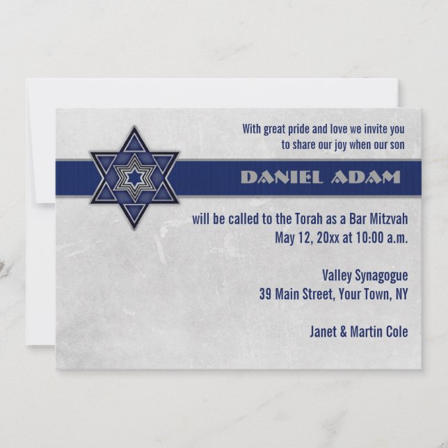 Convite Bar Mitzvah, Estrela Azul, com Faixa Superior (Frente)
