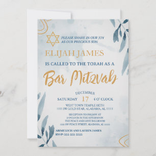 Convite Bar Mitzvah Estrela de Davi Azul Dourado Moderno E