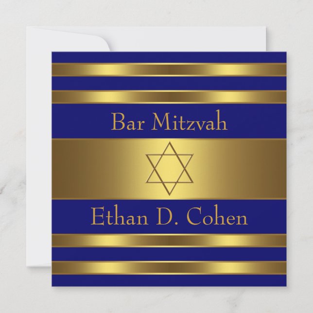 Convite Bar Mitzvah Estrela de Davi Dourada Azul Marinho (Frente)