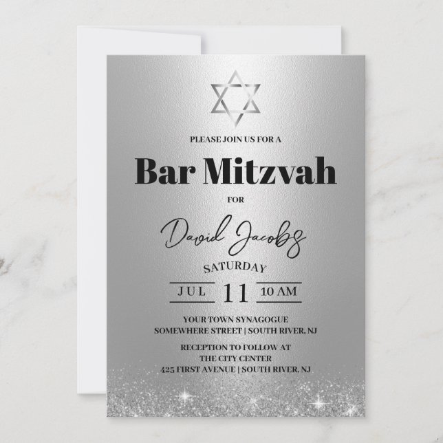 Convite Bar Mitzvah Estrela de Davi Judaica Moderna Prata (Frente)
