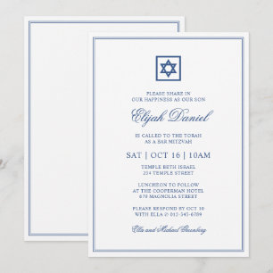 Convite Bar Mitzvah Estrela de David Elegante Clássico Az