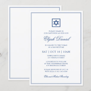 Convite Bar Mitzvah Estrela de David Elegante Clássico Az