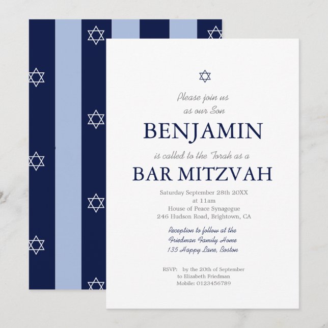 Convite Bar Mitzvah Estrela de David Jewish Blue Stripe In (Frente/Verso)