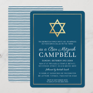 Convite BAR MITZVAH - estrela dourada - branco azul modern