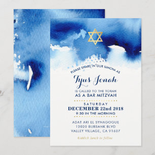 Convite BAR MITZVAH - estrela dourada - na moda - cor azul