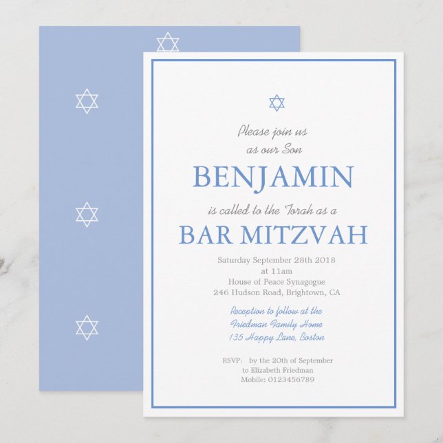 Convite Bar Mitzvah Estrela Elegante Simples de David Jude (Frente/Verso)