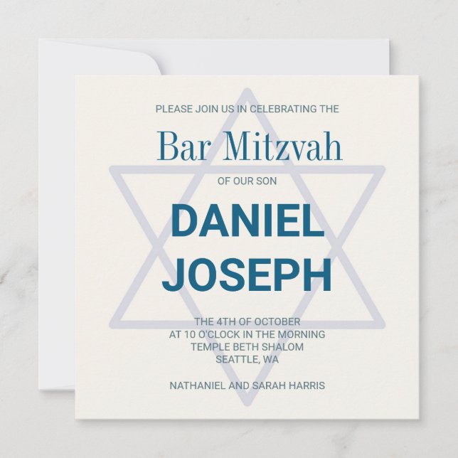 Convite Bar Mitzvah, estrela judia ao quadrado (Frente)