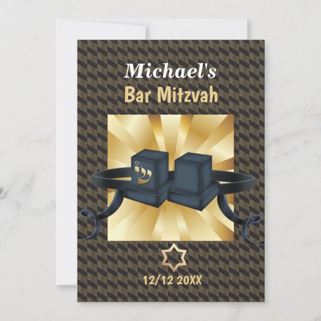 Convite Bar Mitzvah Feliz 20XX Dourado Decorativo (Frente)