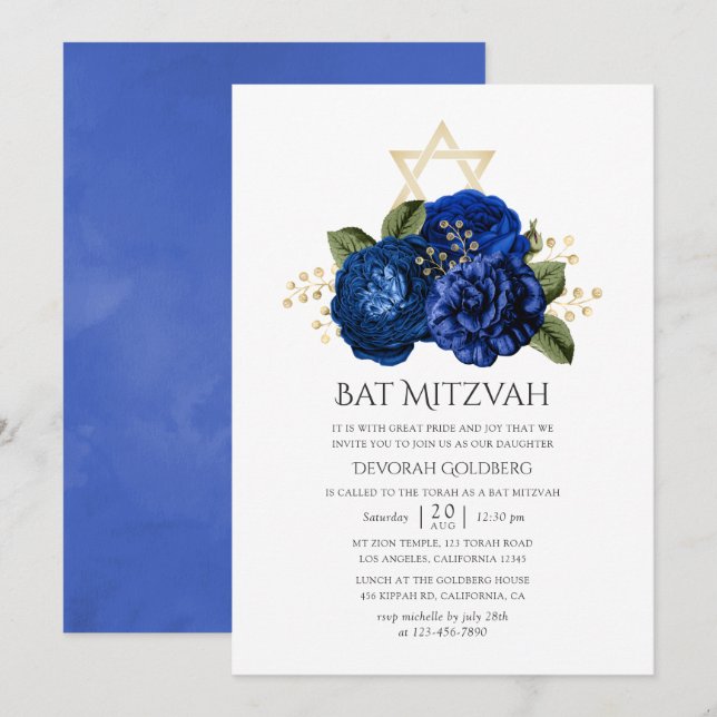 Convite Bar Mitzvah Floral Azul Real e Dourado (Frente/Verso)