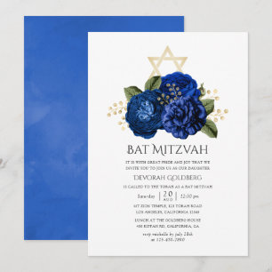 Convite Bar Mitzvah Floral Azul Real e Dourado