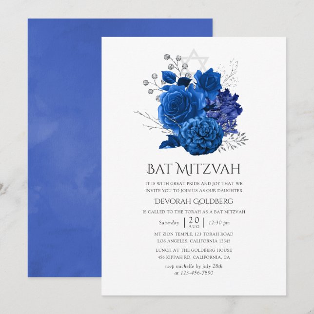 Convite Bar Mitzvah Floral Azul Real e Prata (Frente/Verso)