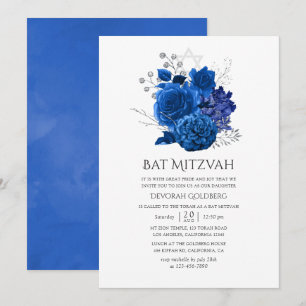 Convite Bar Mitzvah Floral Azul Real e Prata