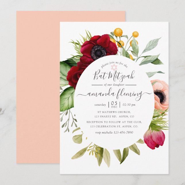 Convite Bar Mitzvah Floral Boho em Aquarela (Frente/Verso)