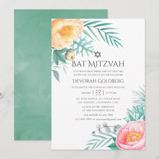 Convite Bar Mitzvah Floral de Menta Tropical de Verão (Frente/Verso)