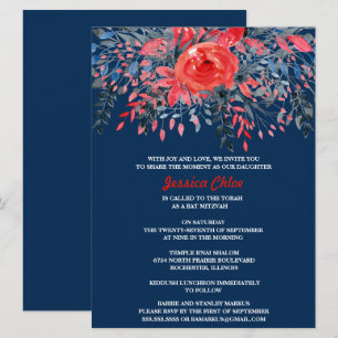 Convite Bar Mitzvah Floral em Aquarela em Azul Jeans e Ros