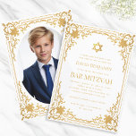 Convite Bar Mitzvah Foto Faux Dourado Star Vintage Elegant<br><div class="desc">Este elegante bar mitzvah convite com ar vintage tem uma falso estrutura de folha de ouro ornamentado com decorações barrocas elegantes. Acima do texto há uma estrela de David, também em ouro falso. Todo texto pode ser personalizado e tem uma cor de ouro semelhante à do quadro dourado. O fundo...</div>