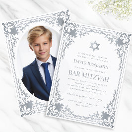 Convite Bar Mitzvah Foto Faux Estrela Prata Rebuscada Orna