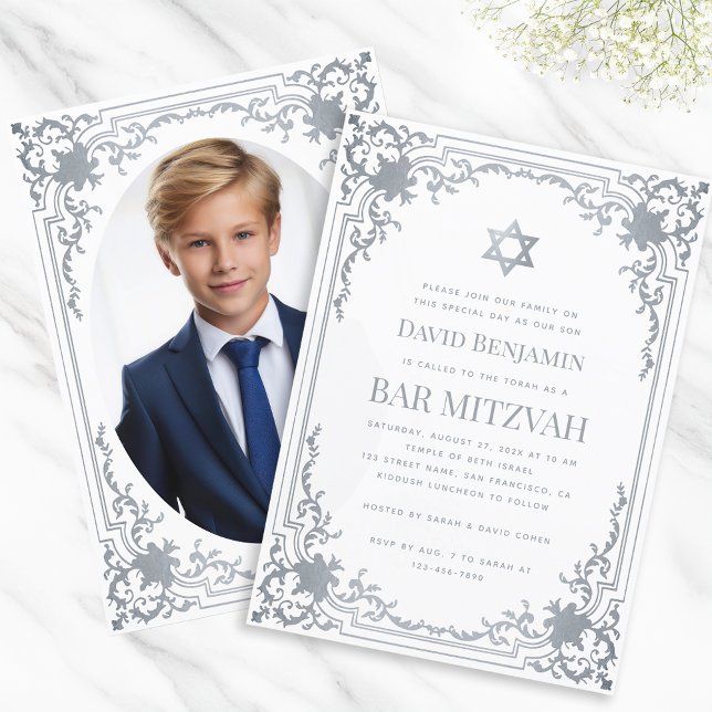 Convite Bar Mitzvah Foto Faux Estrela Prata Rebuscada Orna (Criador carregado)