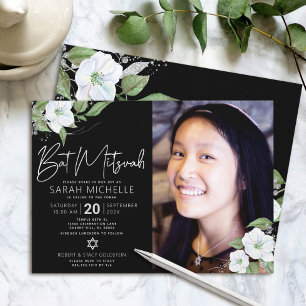 Convite Bar Mitzvah Foto Preta Prata Floral Aquarela