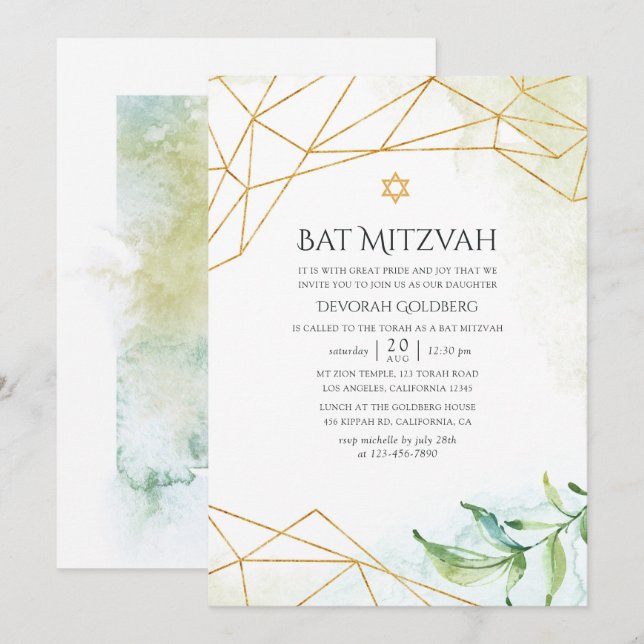 Convite Bar Mitzvah Geométrico Aquarela (Frente/Verso)