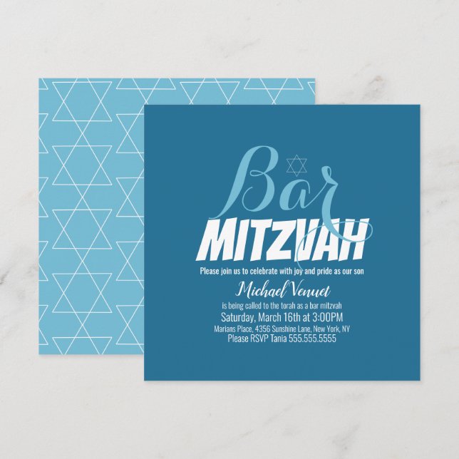 Convite Bar Mitzvah Geométrico Azul Branco (Frente/Verso)