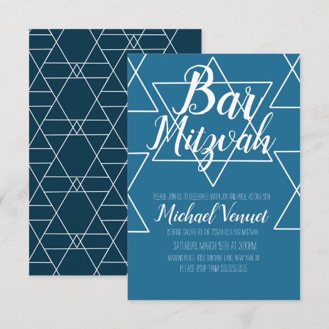 Convite Bar Mitzvah Geométrico Azul e Branco (Frente/Verso)