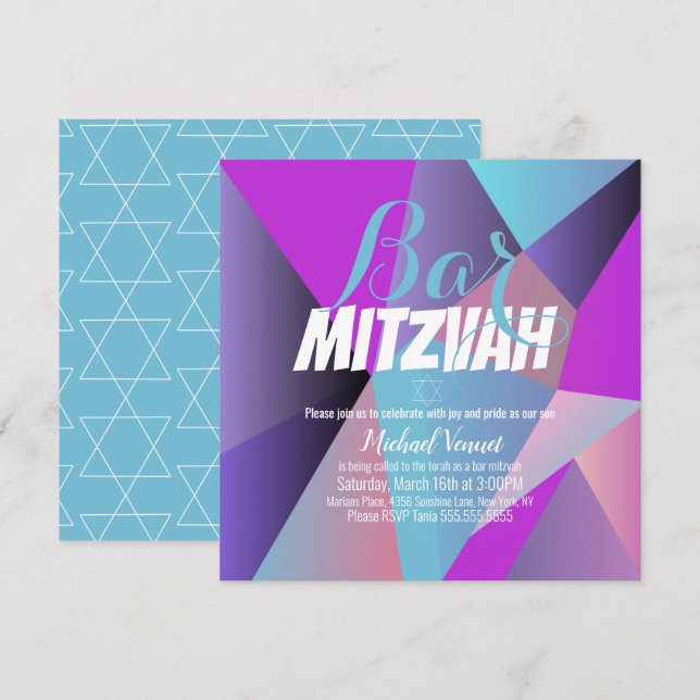 Convite Bar Mitzvah Geométrico Neon Azul e Branco (Frente/Verso)