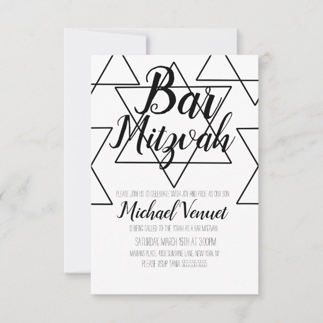 Convite Bar Mitzvah Geométrico Preto e Branco (Frente)