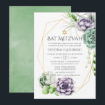 Convite Bar Mitzvah Geométrico Suculento<br><div class="desc">Convite de bar mitzvah de casamento trendy com suculentas com moldura geométrica dourada e lavagem de aquarela verde sage ao contrário.</div>