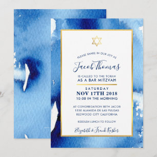 Convite BAR MITZVAH Gold Star smart blue watercolor convit