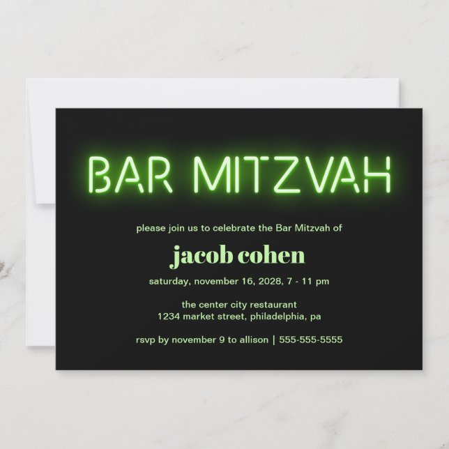 Convite Bar Mitzvah Green Neon Lights (Frente)