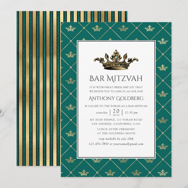 Convite Bar Mitzvah Heráldico em Azul e Dourado (Frente/Verso)
