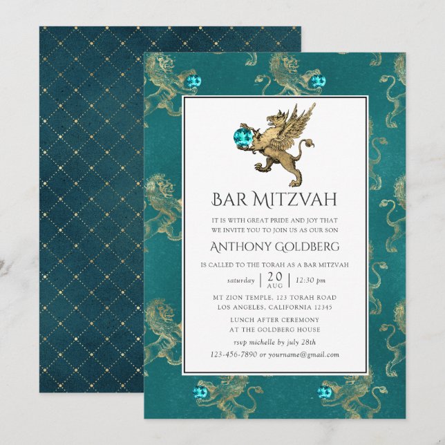 Convite Bar Mitzvah Heráldico em Azul e Dourado (Frente/Verso)