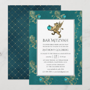 Convite Bar Mitzvah Heráldico em Azul e Dourado