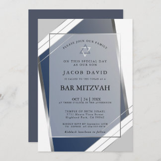 Convite Bar Mitzvah I Geométrico Azul Clássico Moderno