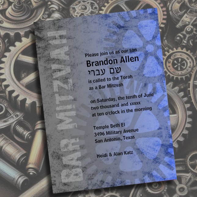 Convite Bar Mitzvah Industrial Grunge Azul (Criador carregado)
