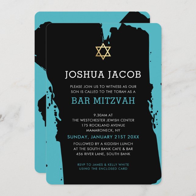 Convite BAR MITZVAH INVITE azul-turquesa moderna (Frente/Verso)