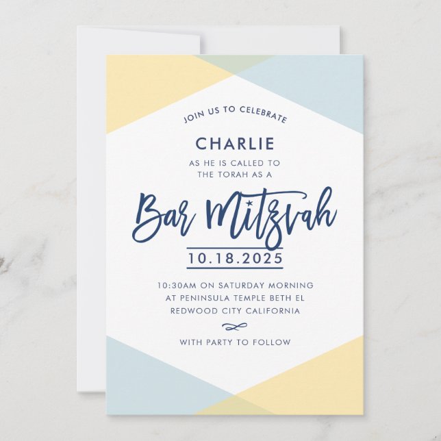 Convite BAR MITZVAH INVITE marinho amarelo- com letras man (Frente)