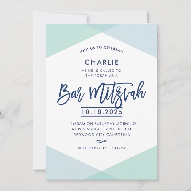 Convite BAR MITZVAH INVITE marinho azul-menta com letra ma (Frente)