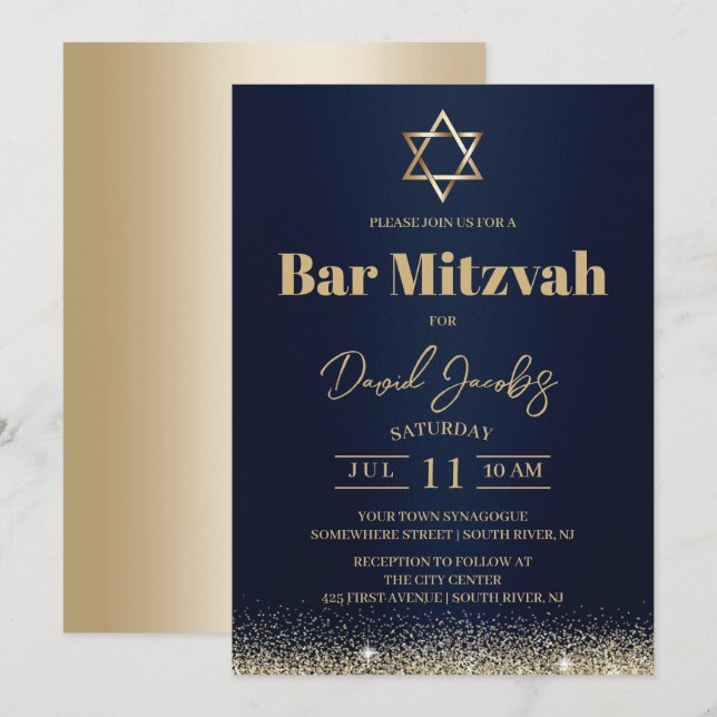 Convite Bar Mitzvah Judaico Azul Marinho Moderno & Dourado (Frente/Verso)
