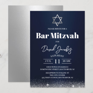 Convite Bar Mitzvah Judaico Estrela de David Moderno Azul 