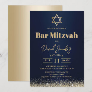 Convite Bar Mitzvah Judaico Moderno Azul Marinho & Dourado