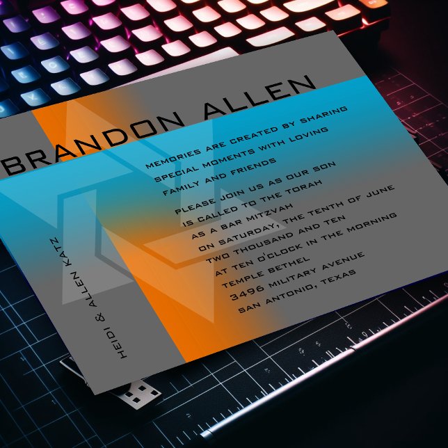 Convite Bar Mitzvah Laranja e Turquesa em Qualquer Cor (Criador carregado)