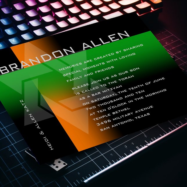 Convite Bar Mitzvah Laranja e Verde em Qualquer Cor (Criador carregado)